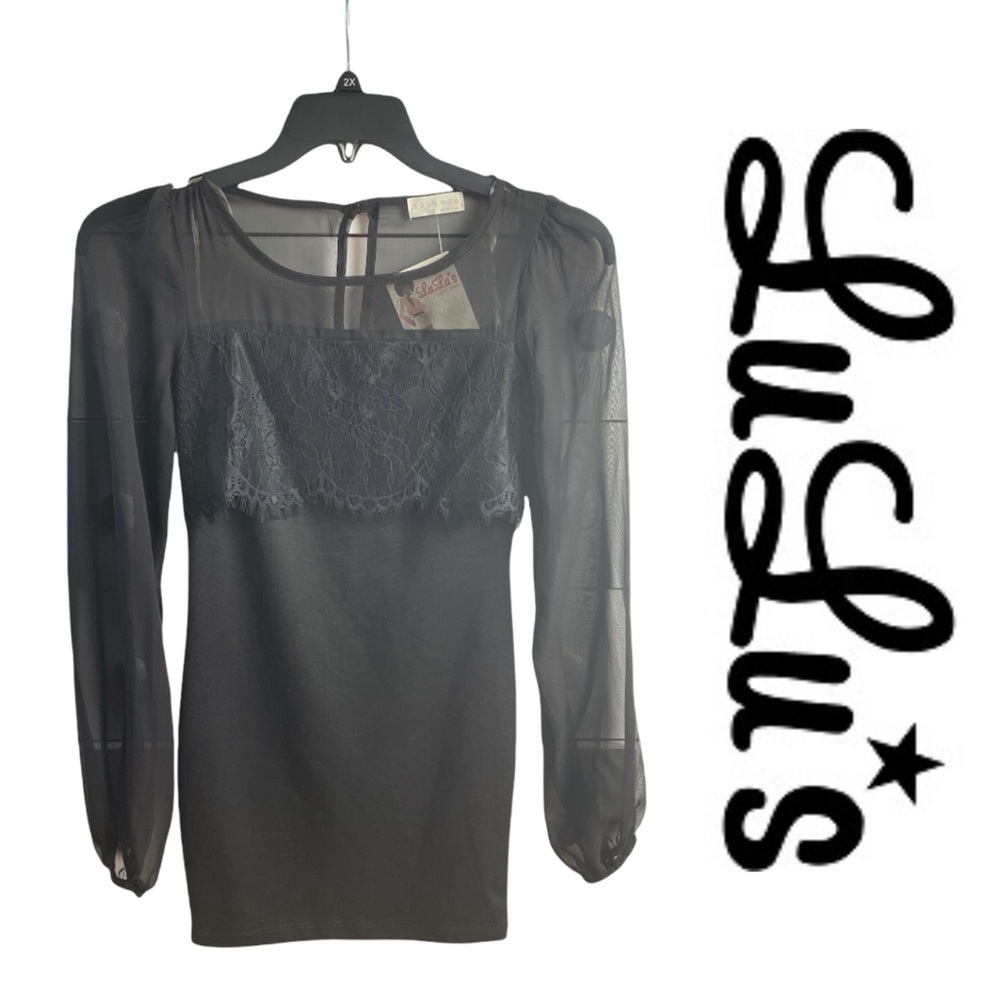 Lulu’s Solemio Black Sheer Sleeved Mini Dress Sz S